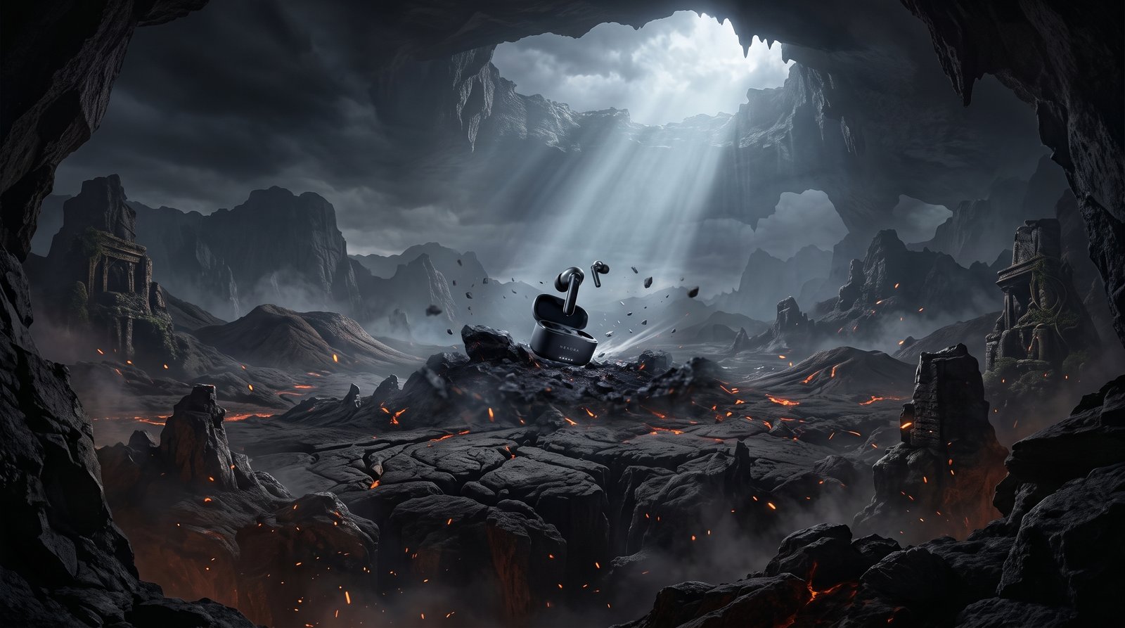 Nexora MOVE case floating in a volcanic crater with dramatic sky light